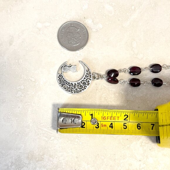Genuine Garnet Short Necklace, Natural Gemstone w/ Cat on the Moon Pendant - Picture 13 of 15